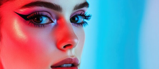 Youthful woman with dramatic makeup featuring captivating eyes and vibrant blue and pink lighting, ideal for beauty and fashion promotions.