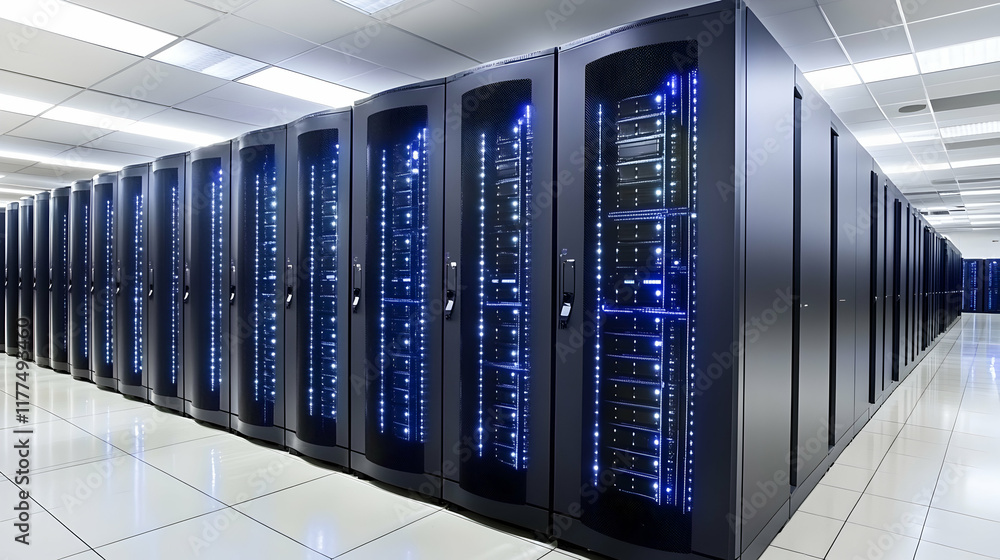 Poster modern data center server room interior, rows of powerful computer servers with illuminated componen