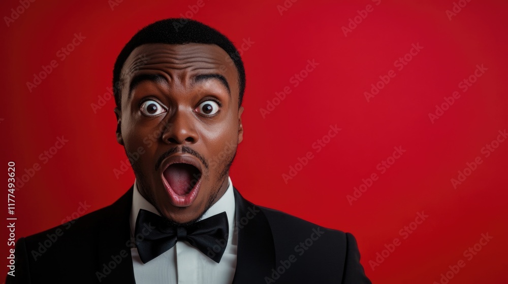 Poster elegant surprised black man in formal attire expressing disbelief against vibrant red backdrop with 