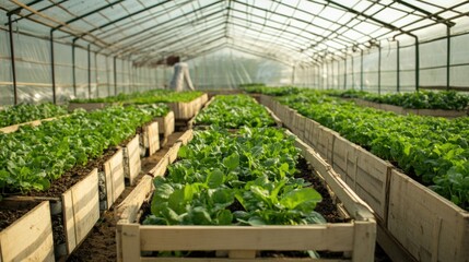 Harvesting Fresh Vegetables in a Bright Greenhouse with Wooden Baskets for Organic Supply Chain in Hydroponic Agriculture Setting