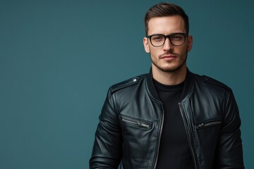 Obraz premium Stylish young man in black leather jacket and glasses against a teal background with ample negative space for text and branding.