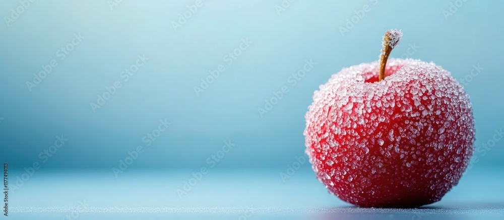 Poster frosted red apple with sparkling ice crystals on a cool blue background, featuring ample empty space