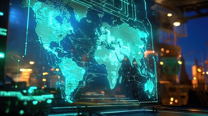 Futuristic world map hologram displayed on a transparent screen, showing global network connections against an industrial city night backdrop.