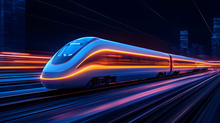 High-speed train speeding through city at night, futuristic design, blurred city lights in background; ideal for transportation, technology, and travel advertising.