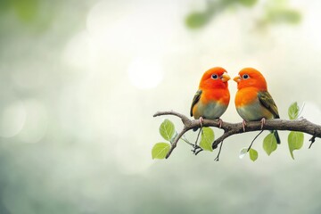 Vibrant orange and green lovebirds perched closely on a branch surrounded by soft blurred greenery with ample copyspace for text and romantic sentiment