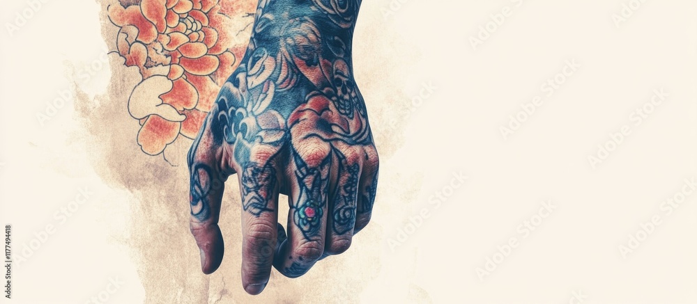 Poster detailed close-up of an elaborately tattooed hand showcasing intricate designs and patterns against 