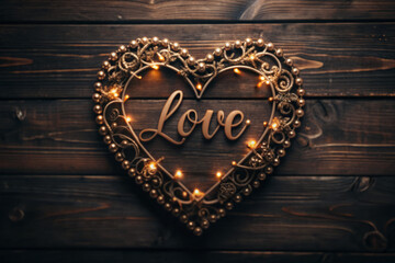 Intricate wooden heart frame with "Love" text on a rustic wooden background
