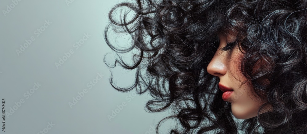 Poster curly-haired woman profile on a soft gray background featuring flowing locks and ample negative spac