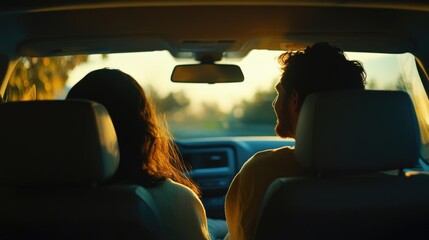 Peaceful couple enjoying a serene drive in the backseat of a car during sunset with warm golden and soft green tones creating an intimate atmosphere.