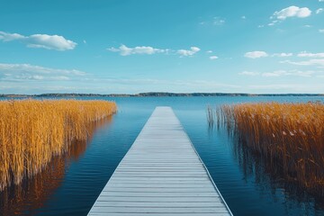 Obraz premium Tranquil boardwalk stroll over still waters serene lake landscape nature photography calm environment panoramic view