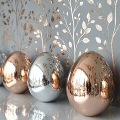 Shiny metallic Easter eggs on a table against a floral wallpaper backdrop