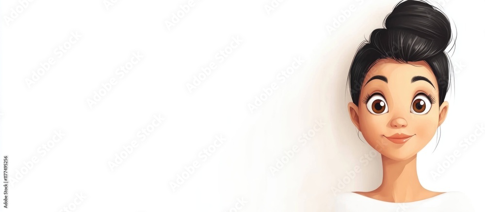 Aufkleber cartoon woman with oversized head and large expressive eyes in soft tones on a white background with