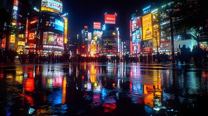 Obraz premium Vibrant Neon Lit Shibuya Crossing at Night Amidst Wet Reflections and Blurred Pedestrian Movement