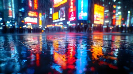 Vibrant Neon Lit Shibuya Crossing After Rainfall with Blurred Pedestrian Movement