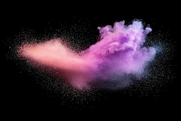 Dynamic explosion of colorful pink and purple powder against a black background, capturing a vibrant and energetic motion of particles in the air.