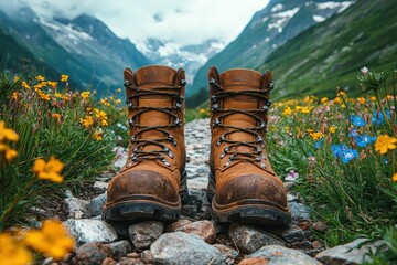 Hiking boots on rocky pathway in mountains nature photography outdoor adventure high fidelity environment