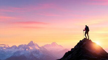 Hiker on mountain peak at sunset, enjoying panoramic view of snow-capped Alps, representing achievement and adventure for travel blogs or websites.