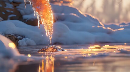 Icicle melting into water at golden hour, reflecting sunlight, winter scene.