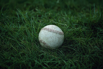 Worn baseball resting on lush green grass field