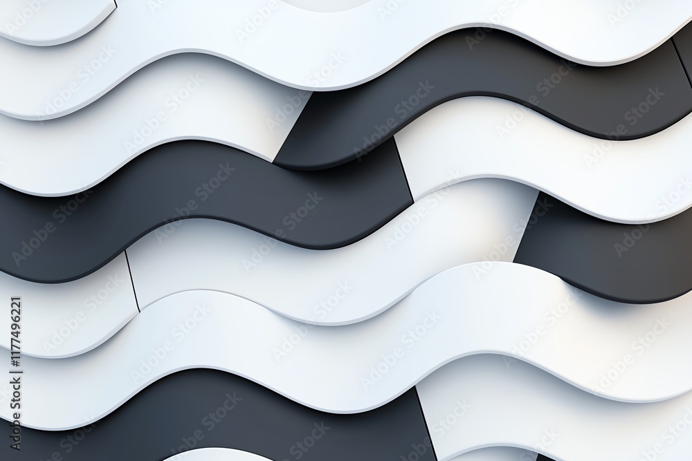 Poster abstract 3d waves in monochrome tones, creating a dynamic pattern of layered curves. ideal for moder