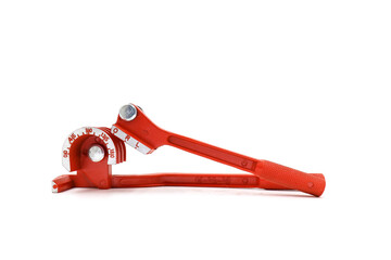 Orange bender on white background. For pipes. Manual  pipe bender are designed for precision cold bending.