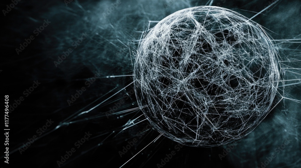 Poster abstract global network visualization featuring a textured spherical shape with intricate white line