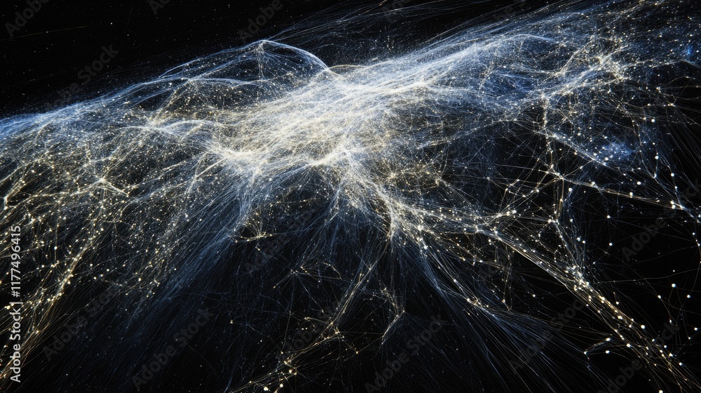 Poster abstract global network visualization in dark blue and black space with illuminated connection lines