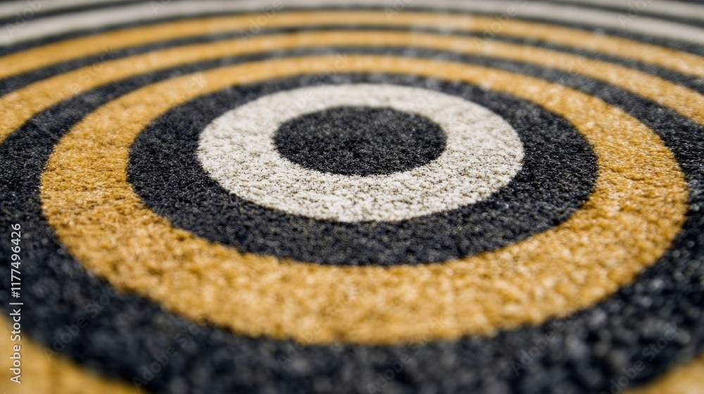 Poster Conceptual Focus on Goal Achievement with Circular Target Design Featuring Black and Yellow Concentric Circles on a Textured Surface, Ideal for Planning and Strategy.