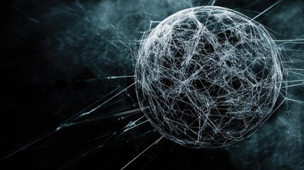 Abstract global network visualization featuring a textured spherical shape with intricate white lines on a dark background, ideal for text overlay and conceptual use.