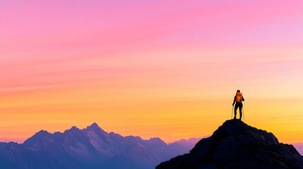 Hiker silhouetted on mountain peak at sunset, overlooking a vast mountain range; ideal for travel, adventure, and success themes.