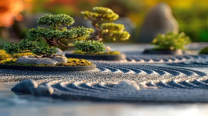 Miniature Zen garden with bonsai trees and raked gravel.