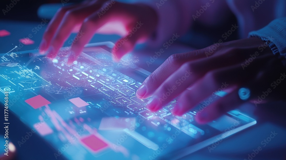 Poster close up of hands typing on futuristic transparent tablet keyboard with digital scheme projection, s