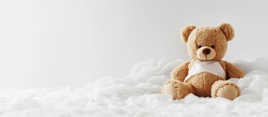 Newborn cuddling a soft teddy bear surrounded by fluffy white clouds with spacious light background for text or design elements.