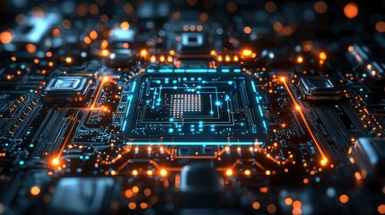 Obraz premium Glowing CPU on circuit board with data flow, blurred background lights