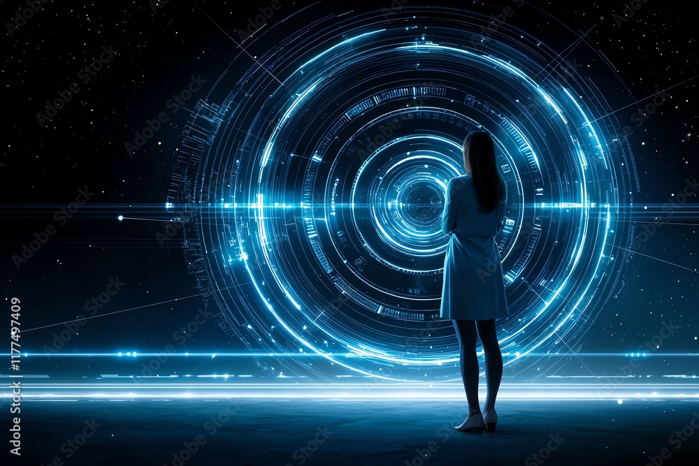 Poster a silhouette of a woman facing a futuristic digital interface with glowing circles and patterns on a