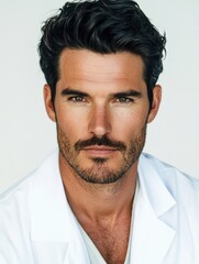 Fototapeta premium Handsome male doctor in white lab coat exhibiting professional demeanor against neutral background, ideal for medical or healthcare concepts.