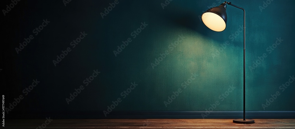 Poster surreal vintage reading lamp casting warm light on wooden floor against deep teal wall with ample em