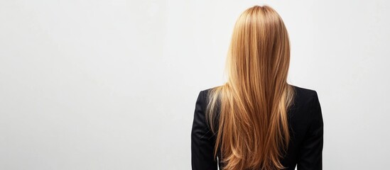 Naklejka premium Business woman with long blond hair viewed from behind in a sleek black suit against a minimalistic white studio background with ample copyspace.