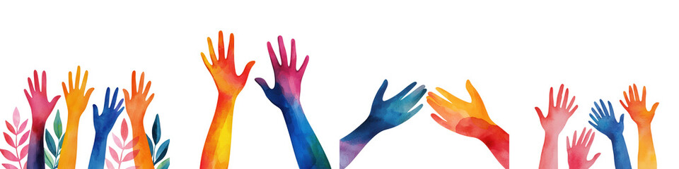 Obraz premium Vibrant Illustration of Colorful Hands Reaching Out in Bold Movements to Express Unity, Support, and Celebration in Diverse Community Engagement