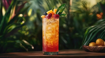 Refreshing iced tea cocktail with berries and pineapple garnish, served in tall glass on wooden surface with tropical foliage background.