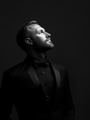 Obraz premium Stylish man in elegant black suit with a bow tie looking upwards against a dark background featuring ample copyspace for text
