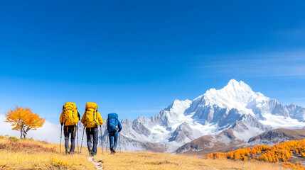 Obraz premium Hikers trek mountain trail, autumn foliage, snow-capped peak background; ideal for travel, adventure, and outdoor recreation.