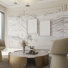 modern classic living room with two poster framed mockup. 3d illustration