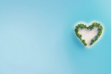 Aerial view of a heart-shaped tropical island surrounded by clear blue waters