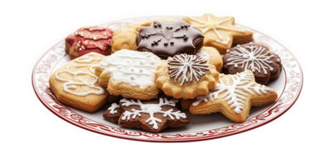 a festive assortment of decorated cookies arranged on a decorative plate. featuring various shapes and designs. perfect for holiday celebrations and gatherings the cookies showcase intricate icing det
