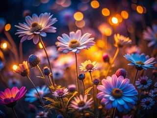 Fototapeta premium Luminous Wildflowers in Low Light, Night Bloom, Delicate Petals, Dark Background, Nature Photography