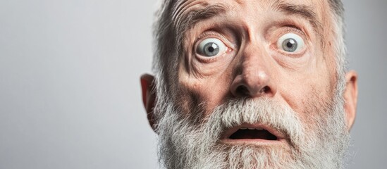 Close-up studio portrait of a surprised senior man with a white beard and wide eyes against a grey background, featuring ample empty copyspace for text.