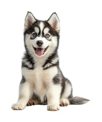 Obraz premium Cheerful husky puppy sitting upright in a bright indoor space high fidelity captivating pet portrait adorable canine companion isolated on transparent background