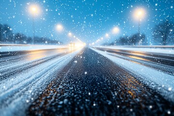 Blurred motion shot of a snowy highway at night, with bright streetlights enhancing the winter atmosphere as snowflakes fall softly onto the road.