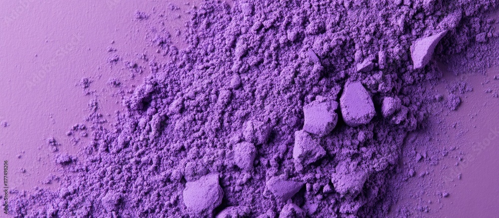 Poster ultraviolet powder texture spread on a smooth pastel purple surface creating a vast empty space for 